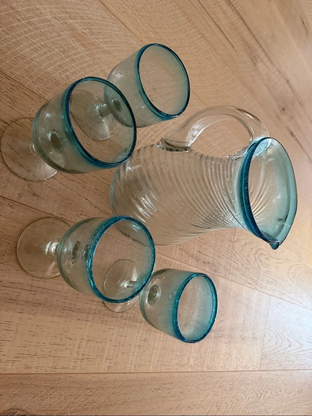 Clear Glass Pitcher and Goblet Set with Ocean Blue Rim - Home Dining
